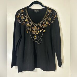 Diane Freis VTG Knit Chains/Coins/Beads Gipsy Rayon Spandex Black Top Size 42/6